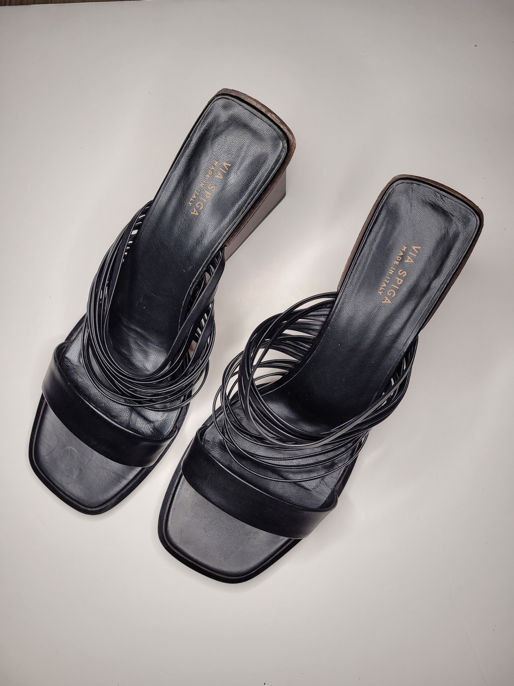 Via Spiga Women Black Multi-Strap Square-Toe Heeled Sandals Size:8